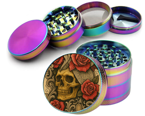 Grunge Skull and Rose Flash Art Circle Design Spice Grinder Rainbow Grinder