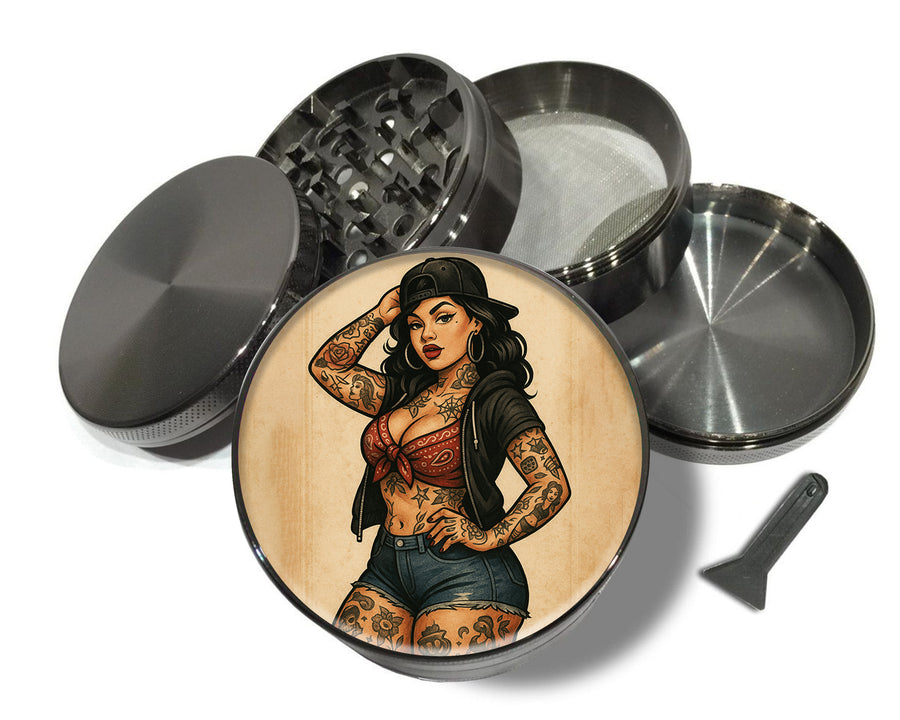 Pin-Up Girl with Tattoos Classic Rockabilly Style Spice Grinder Grey Grinder