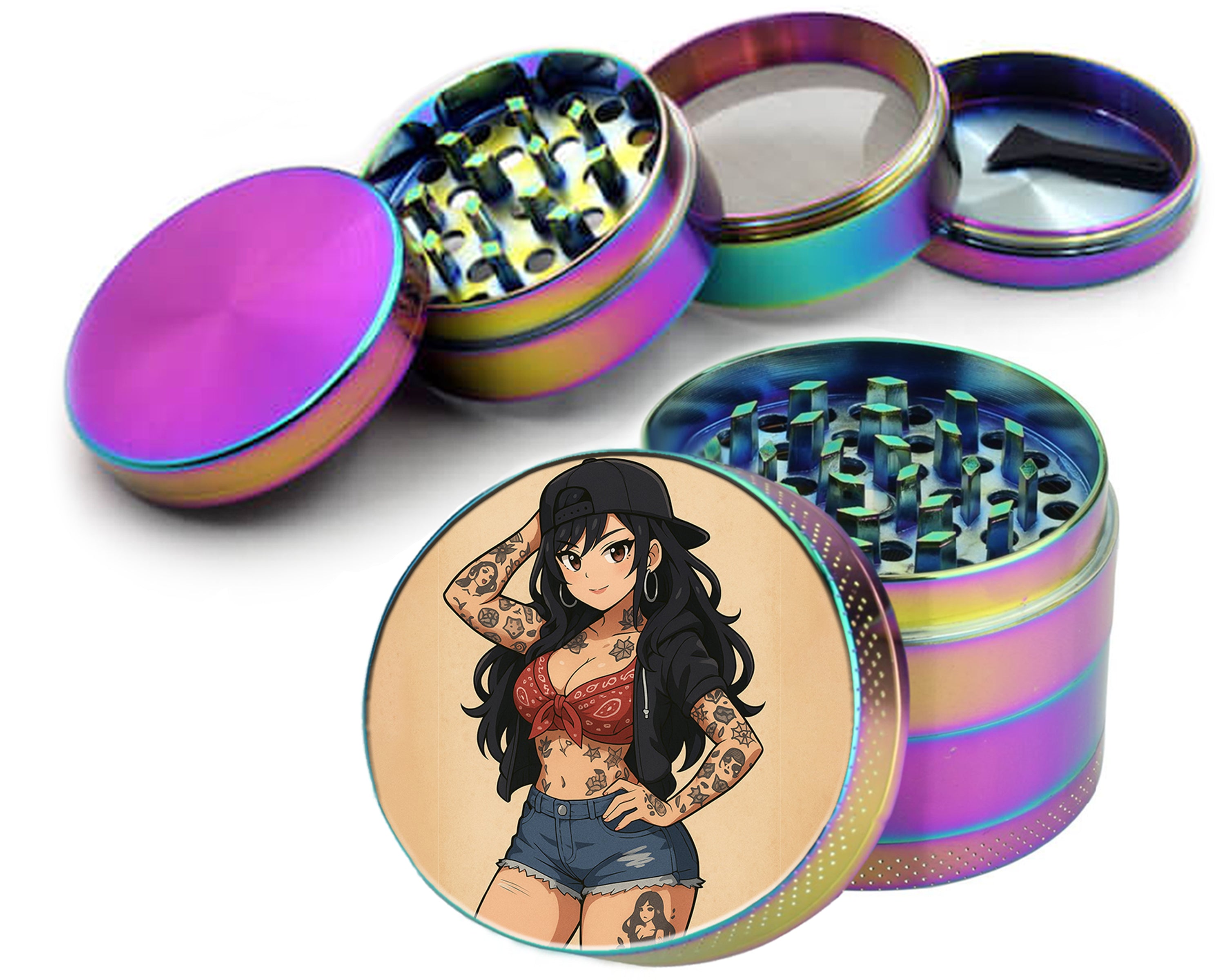 Anime Retro Pin-Up Girl with Long Hair and Tattoos Spice Grinder Rainbow Grinder