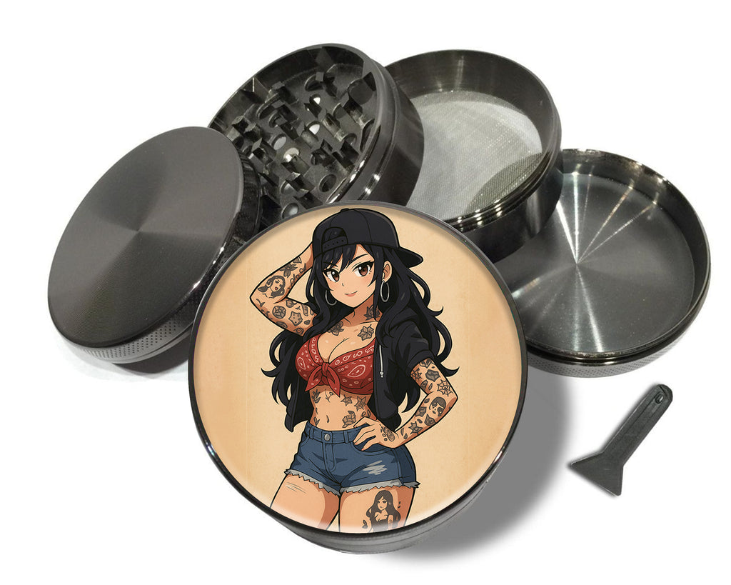 Anime Retro Pin-Up Girl with Long Hair and Tattoos Spice Grinder Grey Grinder