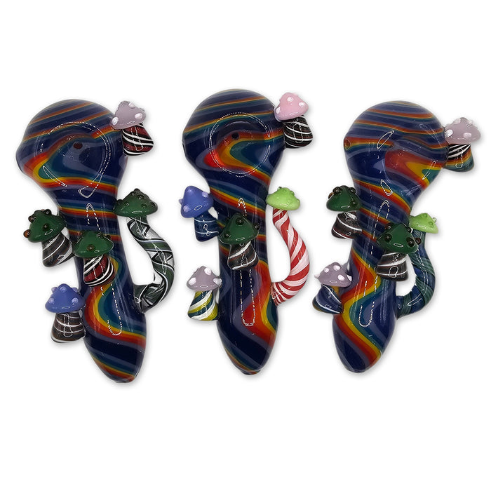 Glass Mushroom Pipe – Rainbow Swirl with 3D Glass Mushrooms