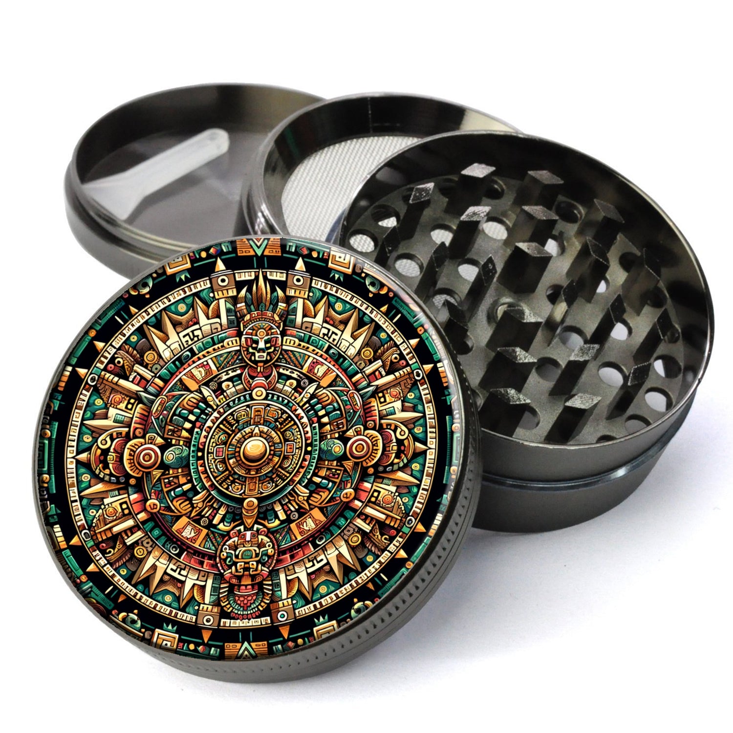 Aztec Mandala Herb Culinary Spice Mill, Symmetrical Manadala with Aztec Imagery, Aztec Symbols Culinary Spice Mill, Large...