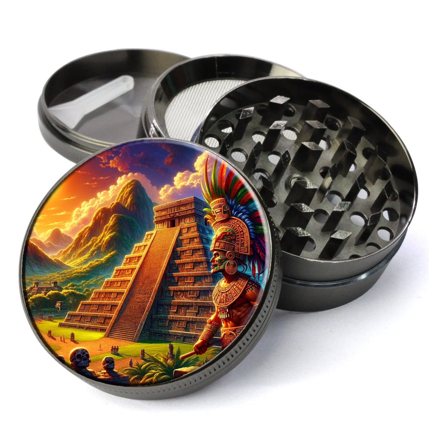 Aztec Grinder for Herbs, Majestic Aztec Temple Aztec Warrior in Traditional Attire, Large Grinder, Herb Grinder