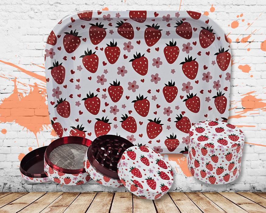 Strawberry Rolling Tray and Grinder Matching Set, Girly Grinder With Catcher, Best Gifts For Her, Strawberry Fields, Gift Box