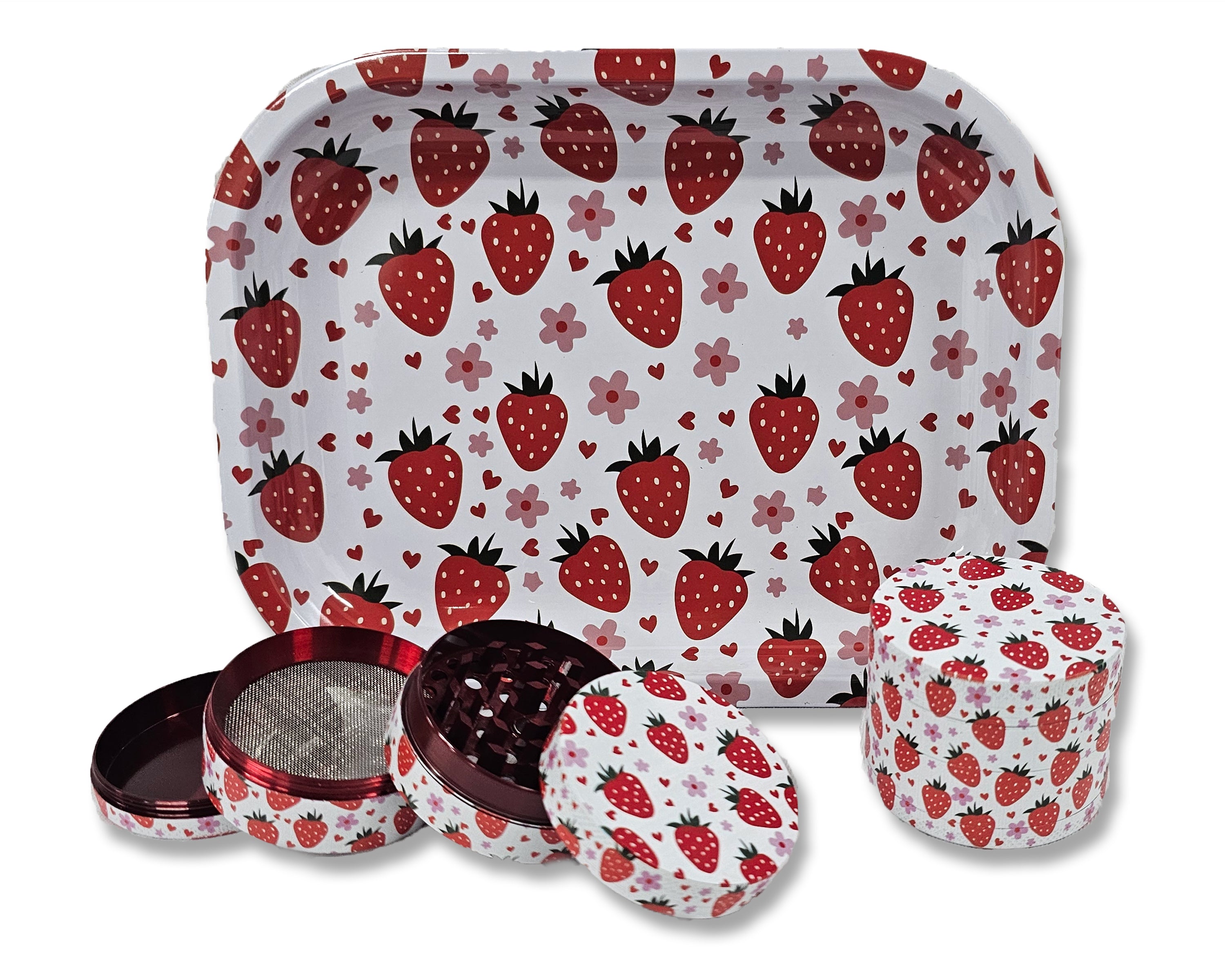 Strawberry Rolling Tray and Grinder Matching Set, Girly Grinder With Catcher, Best Gifts For Her, Strawberry Fields, Gift Box
