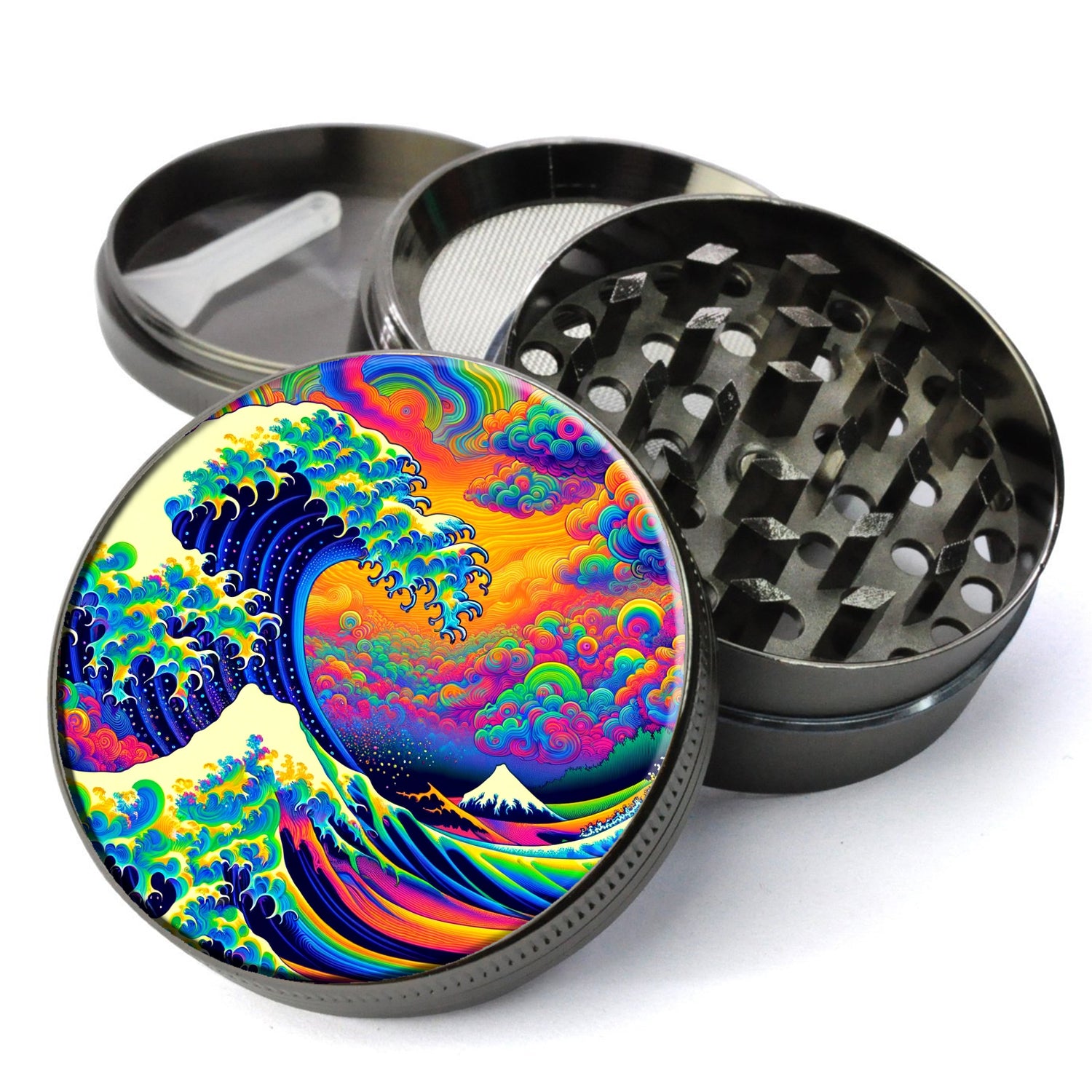 Trippy Psychedelic Great Wave off Kanagawa Grinder, Vibrant Neon Colors, Japanese Art, Extra Large 5 Piece Spice Herb Grinder