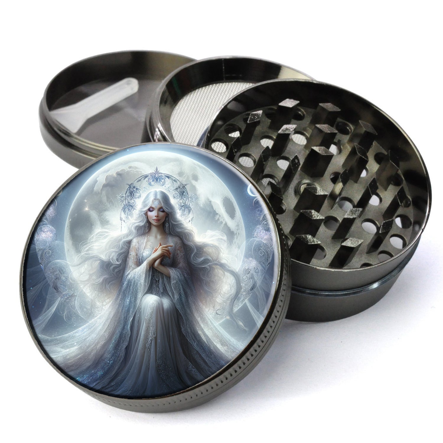 Goddess Of The Moon Herb Grinder, Celestial Goddess, Lunar Goddess Grinder, Elegant Cosmos, Large Grinder With Catcher,...