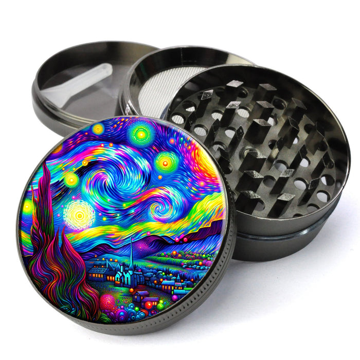 Trippy Psychedelic Van Gogh Starry Night, Vibrant Neon Colors, Artwork, Extra Large 5 Piece Spice Tobacco Herb Grinder