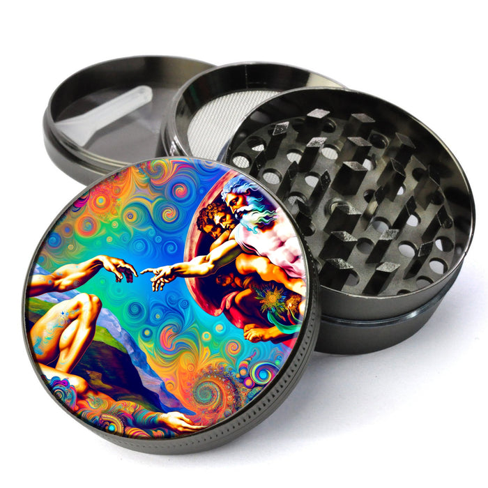Creation Of Adam Herb Grinder, Adam and God touching, trippy, psychedelic, Extra Large 5 Piece Spice Tobacco Herb Grinder