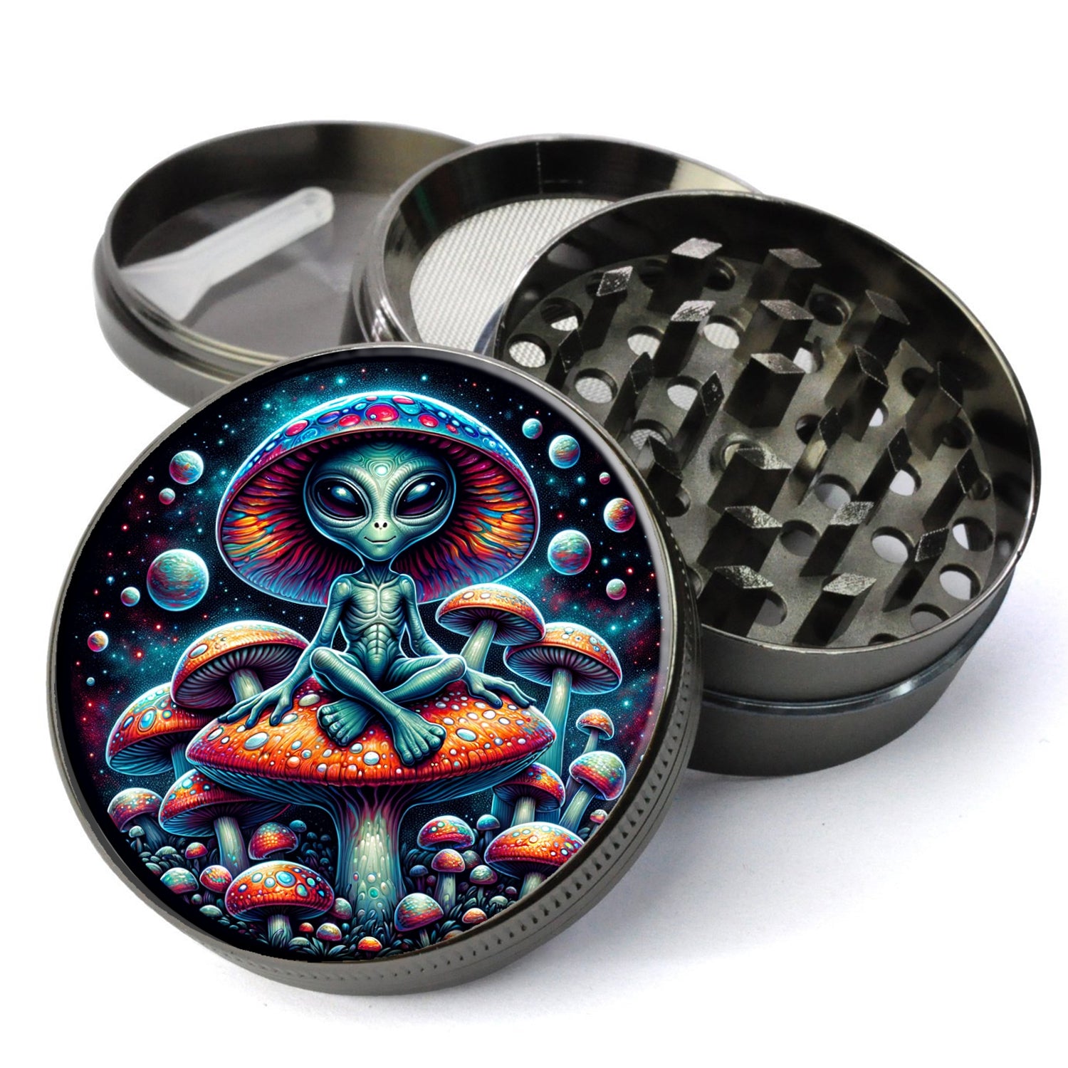 Alien Herb Grinder 2.5" Grinder with Catcher - Alien Sitting on Mushrooms Design, Extra Large 5 Piece Spice Herb Grinder