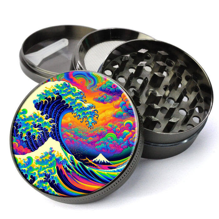 Trippy Psychedelic Great Wave off Kanagawa Grinder, Vibrant Neon Colors, Japanese Art, Extra Large 5 Piece Spice Tobacco Herb Grinder