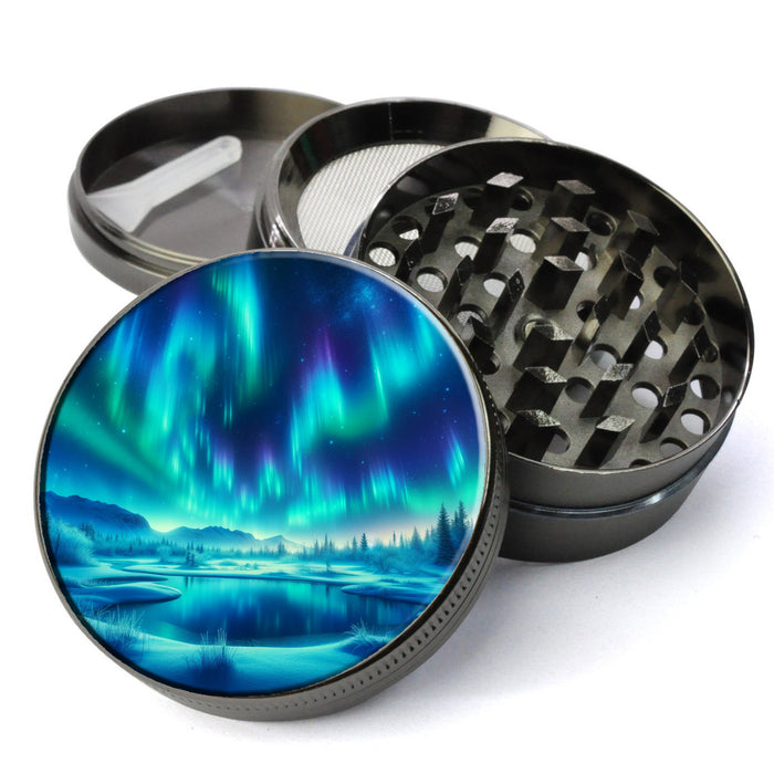 Beautiful Aurora Borealis, set against a tranquil natural landscape, Extra Large 5 Piece Spice Tobacco Herb Grinder