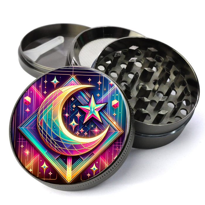 Unique Crescent Moon and Stars in Art-Deco Vaporwave style artwork, Girly Grinder, Large 5 Piece Herb Grinder, Gift Herb Grinder