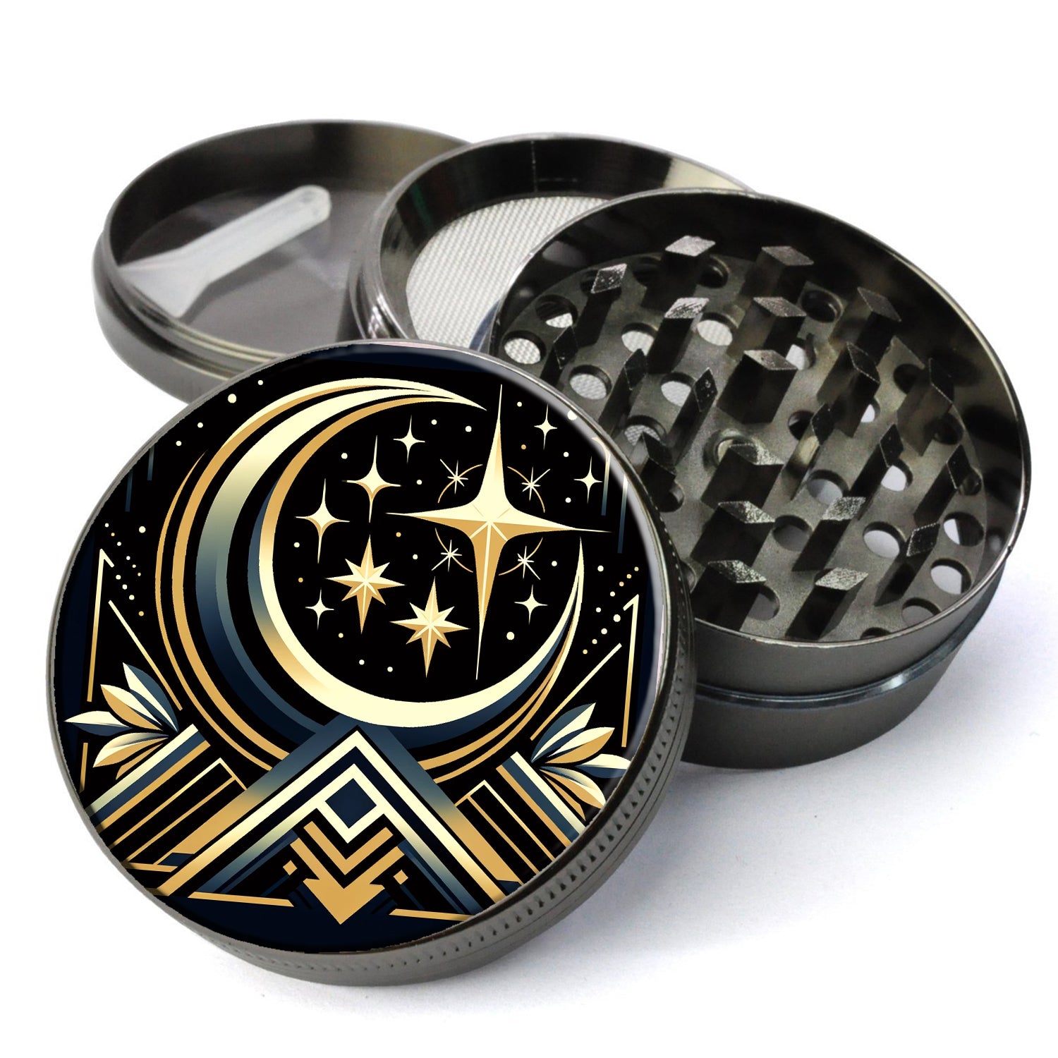 Art-Deco Style Crescent Moon and Stars, Girly Grinder, Large 5 Piece Herb Grinder, Gift Herb Grinder