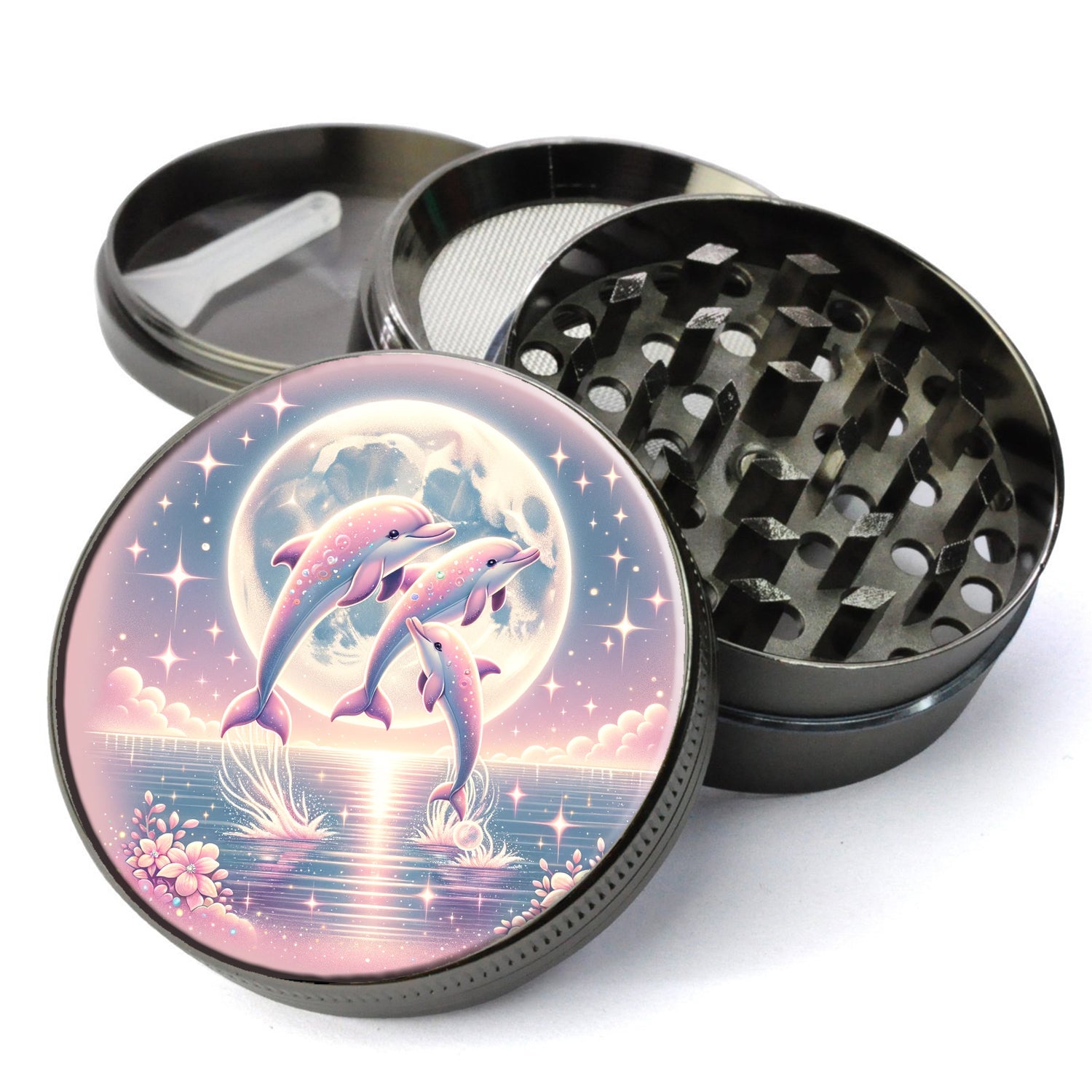 Dolphins Dancing in the Pink Moonlight, Playful Dolphins Jumping in the Water, Girly Grinder, Large 5 Piece Herb Grinder,...