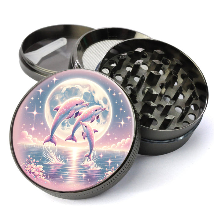 Dolphins Dancing in the Pink Moonlight, Playful Dolphins Jumping in the Water, Girly Grinder, Large 5 Piece Herb Grinder, Gift Herb Grinder