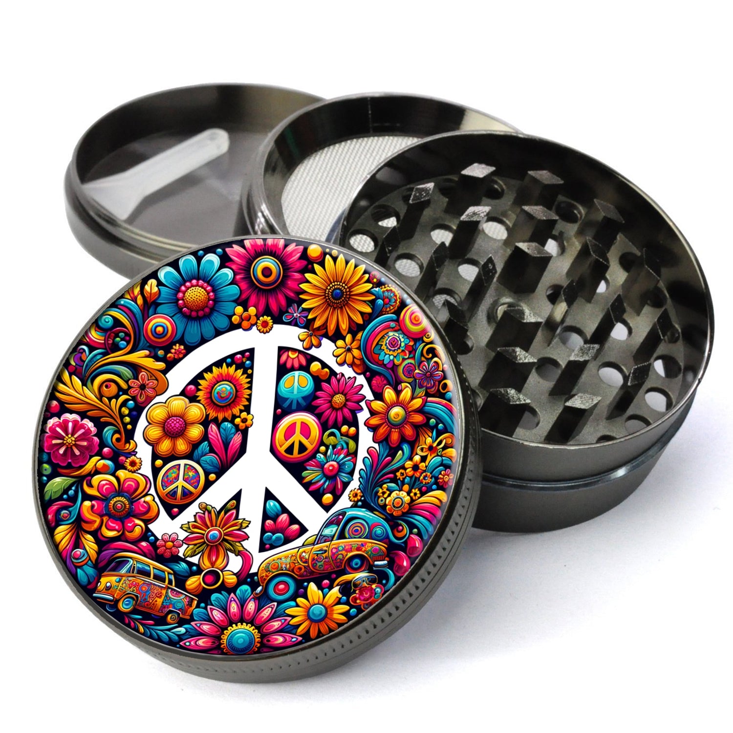 70's Hippie Grinder, Trippy Grinder, Hippy Grinder With Catcher, Peace Sign Grinder, Cute Herb Grinder, Extra Large 5 Piece Grinder