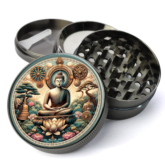 Buddhist Theme, Buddha, Lotus Flower, Dharma Wheel, Bodhi Tree, Extra Large 5 Piece Herb Grinder