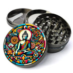 Buddhist Pop-Art Style, Buddha, Lotus Flower, Dharma Wheel, Bodhi Tree, Extra Large 5 Piece Herb Culinary Spice Mill