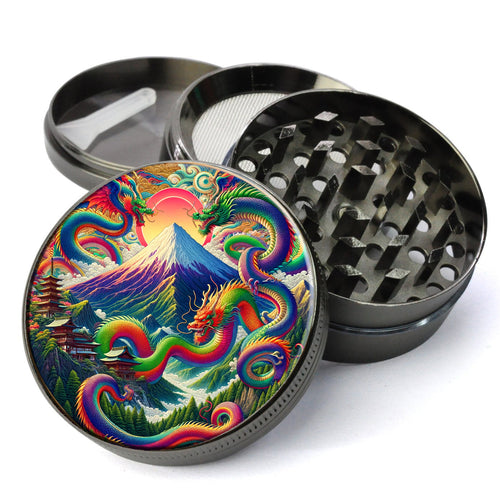 Ancient Japanese Mountain Herb Grinder, Bright, vivid colors, and encircled by a richly colored dragon, Extra Large 5...