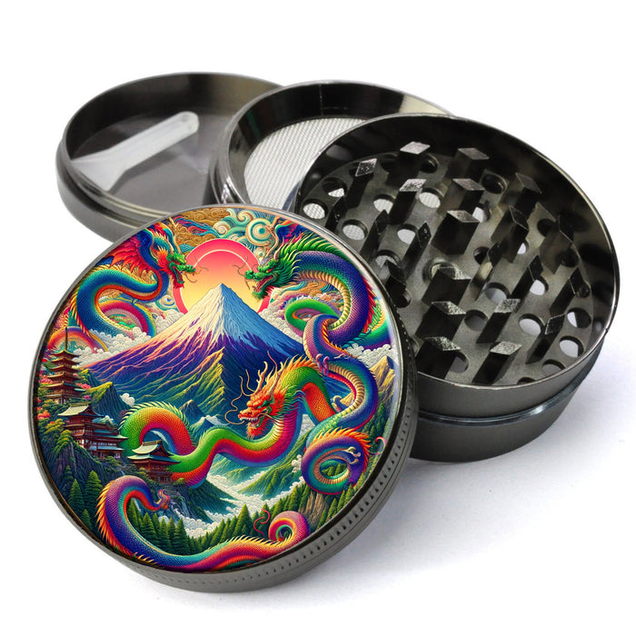 Ancient Japanese Mountain Herb Grinder, Bright, vivid colors, and encircled by a richly colored dragon, Extra Large 5 Piece Herb Grinder