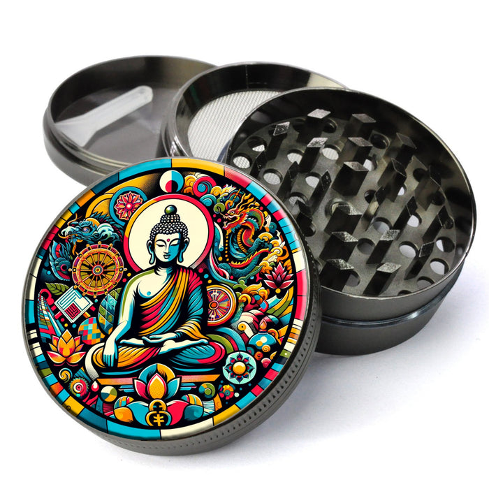 Buddhist Pop-Art Style, Buddha, Lotus Flower, Dharma Wheel, Bodhi Tree, Extra Large 5 Piece Herb Grinder