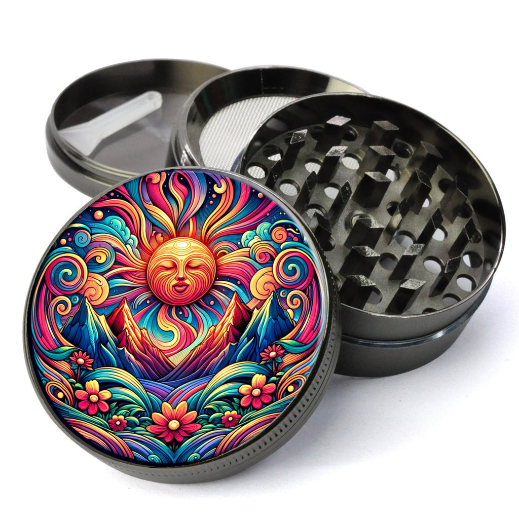 Trippy rising sun mountain flower design, Psychedelic Flowers, Extra Large 5 Piece Spice Herb Grinder