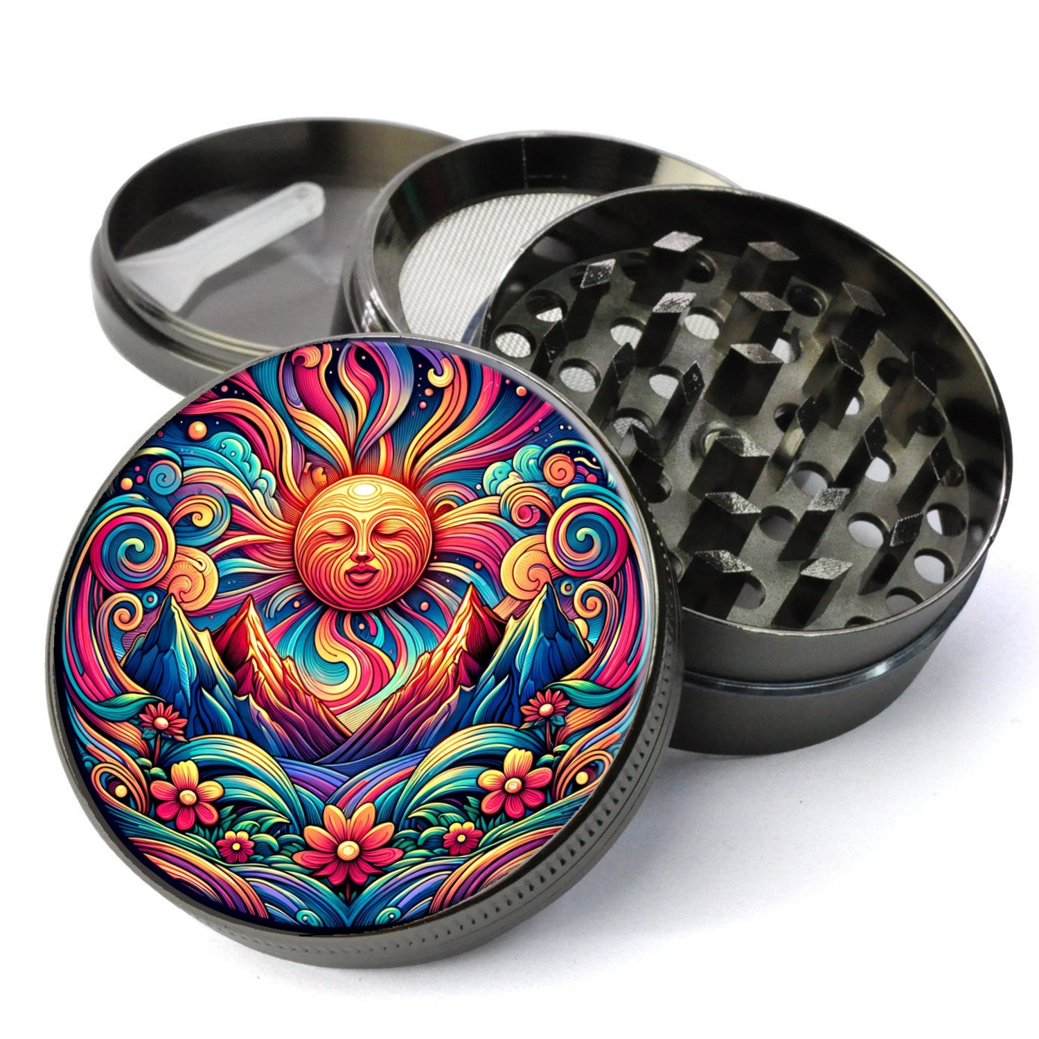 Trippy rising sun mountain flower design, Psychedelic Flowers, Extra Large 5 Piece Spice Herb Grinder
