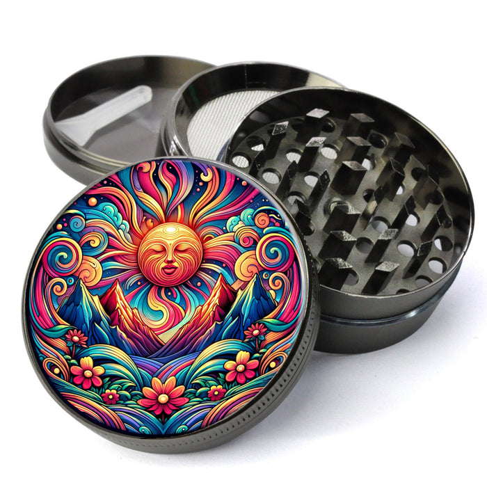 Trippy rising sun mountain flower design, Psychedelic Flowers, Extra Large 5 Piece Spice Tobacco Herb Grinder