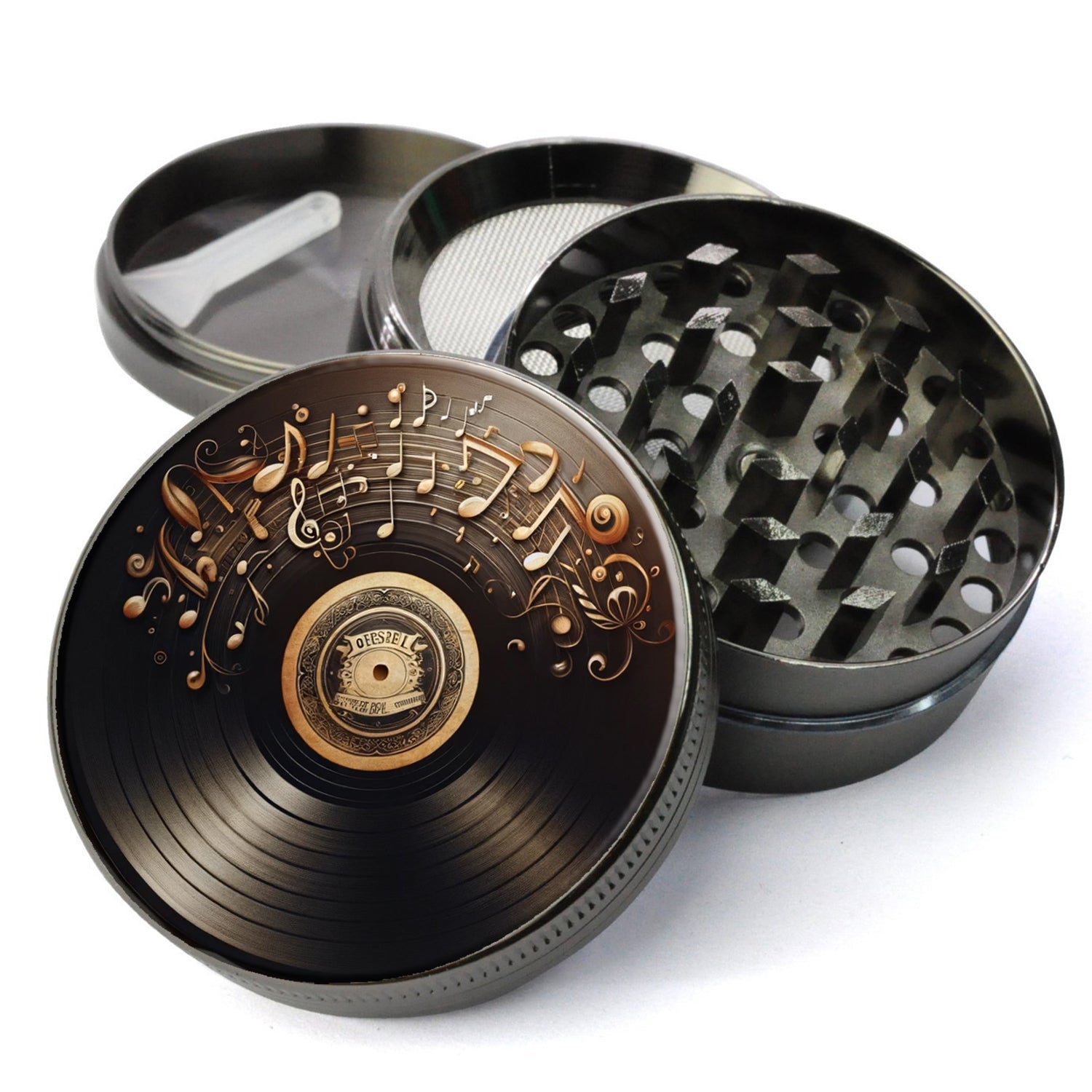 Vinyl Record Album with Musical Notes and Symbols, Vintage Record, Extra Large 5 Piece Herb Grinder, Gift Herb Grinder