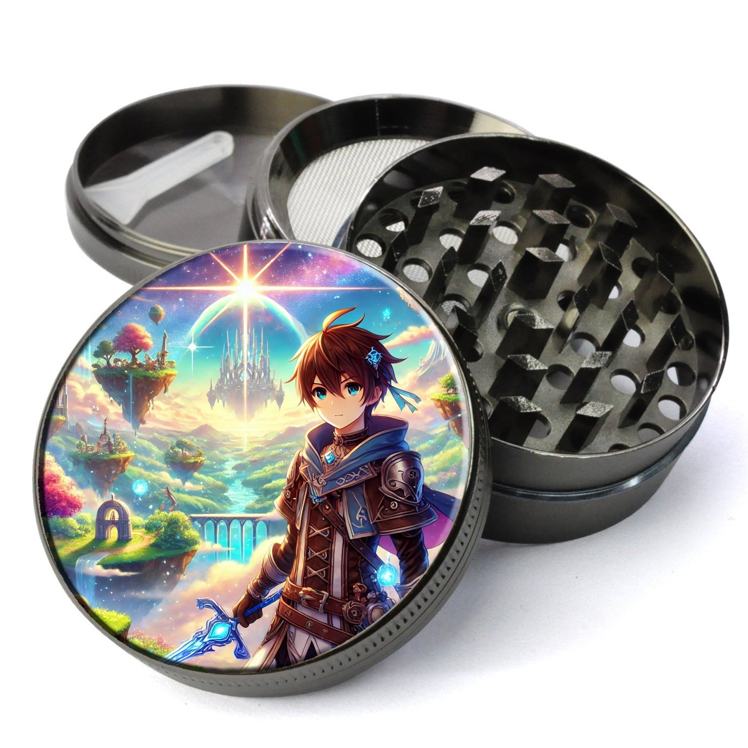 Isekai-inspired anime Herb Grinder featuring a young hero in a vibrant, magical world, Extra Large 5 Piece Spice Tobacco Herb Grinder