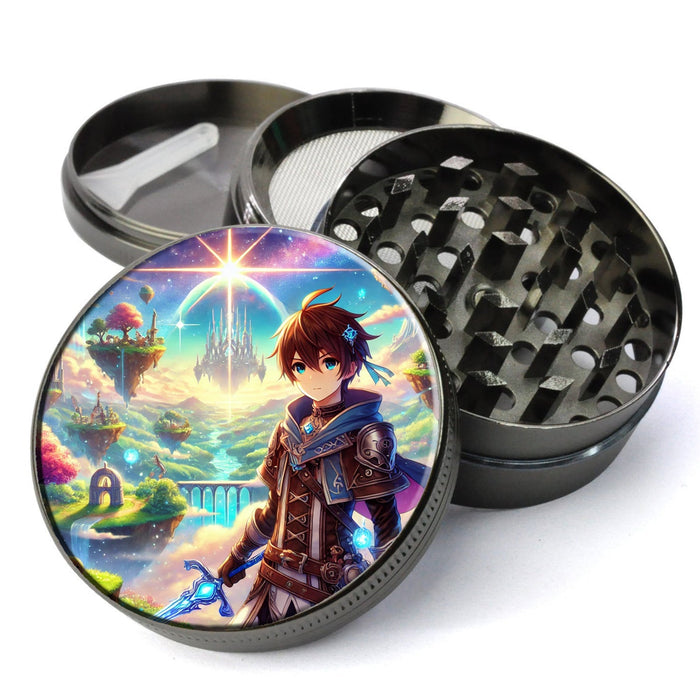 Isekai-inspired anime Herb Grinder featuring a young hero in a vibrant, magical world, Extra Large 5 Piece Spice Tobacco Herb Grinder