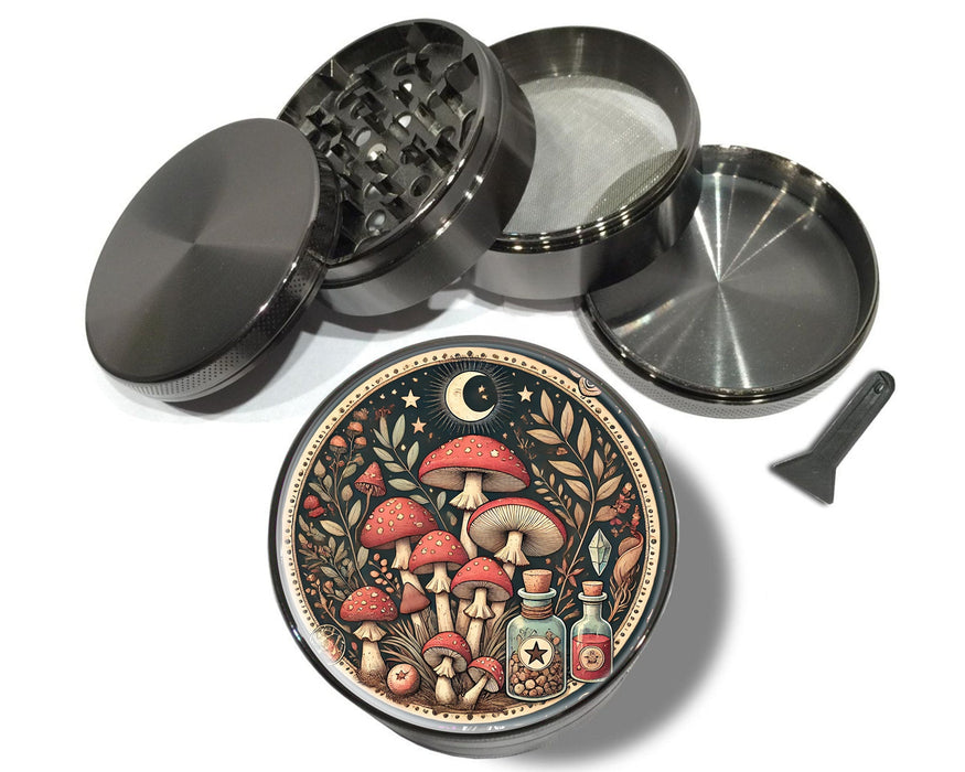 Magic Girly Grinder 2.5" - Beautiful Herb & Spices Crusher - Cute Moon Mushrooms Design, Extra Large 5 Piece Spice Tobacco Herb Grinder