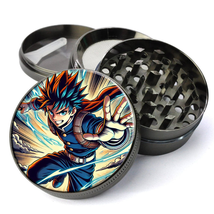 Shōnen-style anime Herb Grinder featuring a young hero in a powerful, dynamic pose, Extra Large 5 Piece Spice Tobacco Herb Grinder