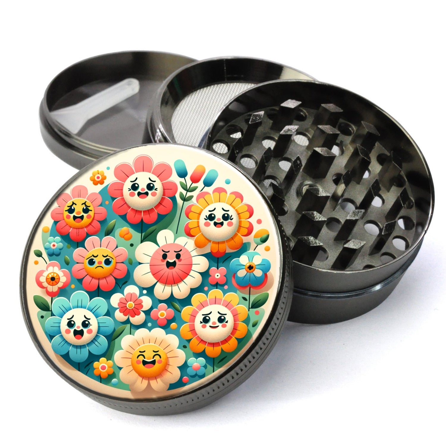 Retro Happy Flowers Grinder, Cute Grinder, Girly Grinder, Funny Herb Grinder, Extra Large 5 Piece Grinder, Gift For Her,...