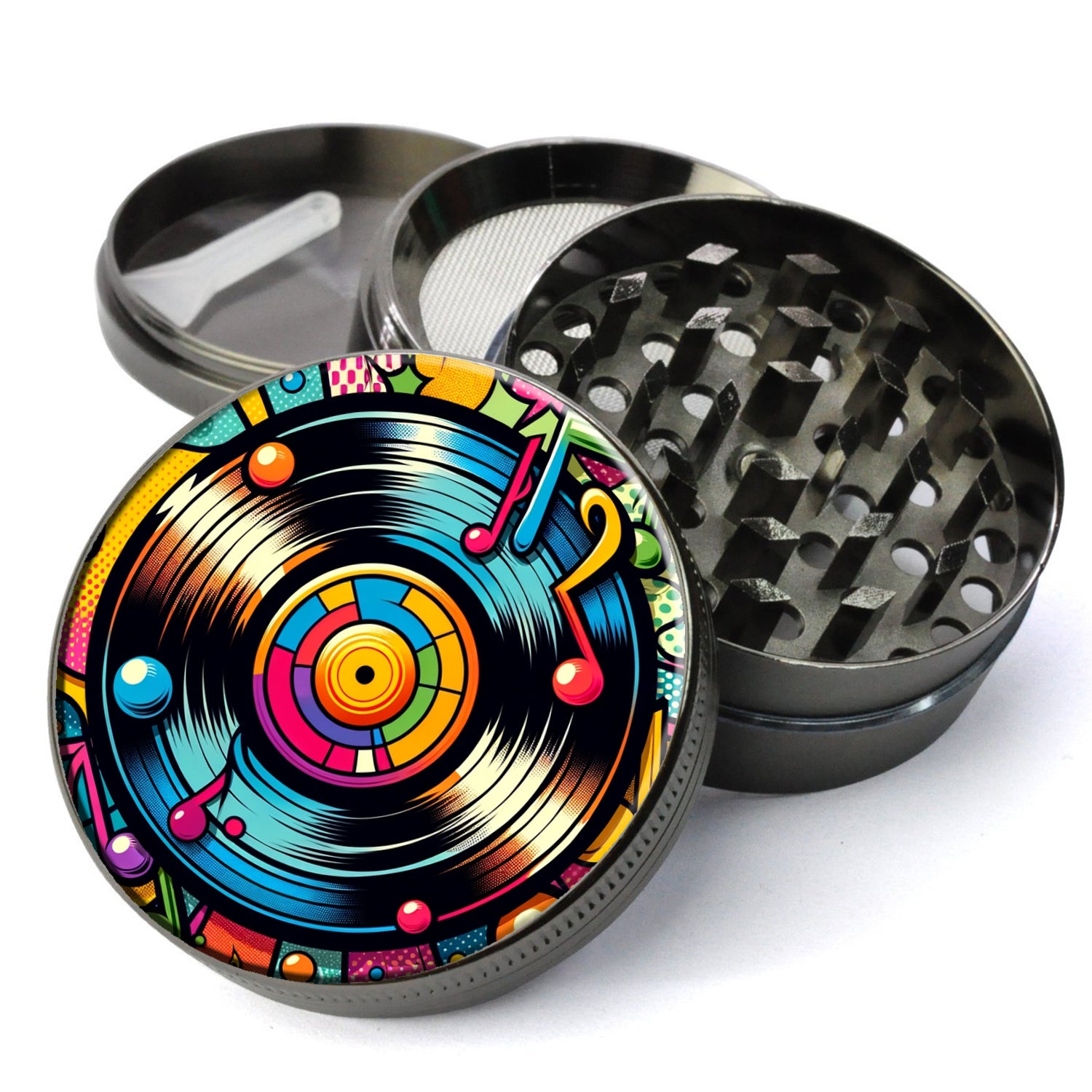 Pop-Art Style Vinyl Record Album with Musical Notes and Symbols, Bright Bold Colors, Extra Large 5 Piece Herb Grinder,...
