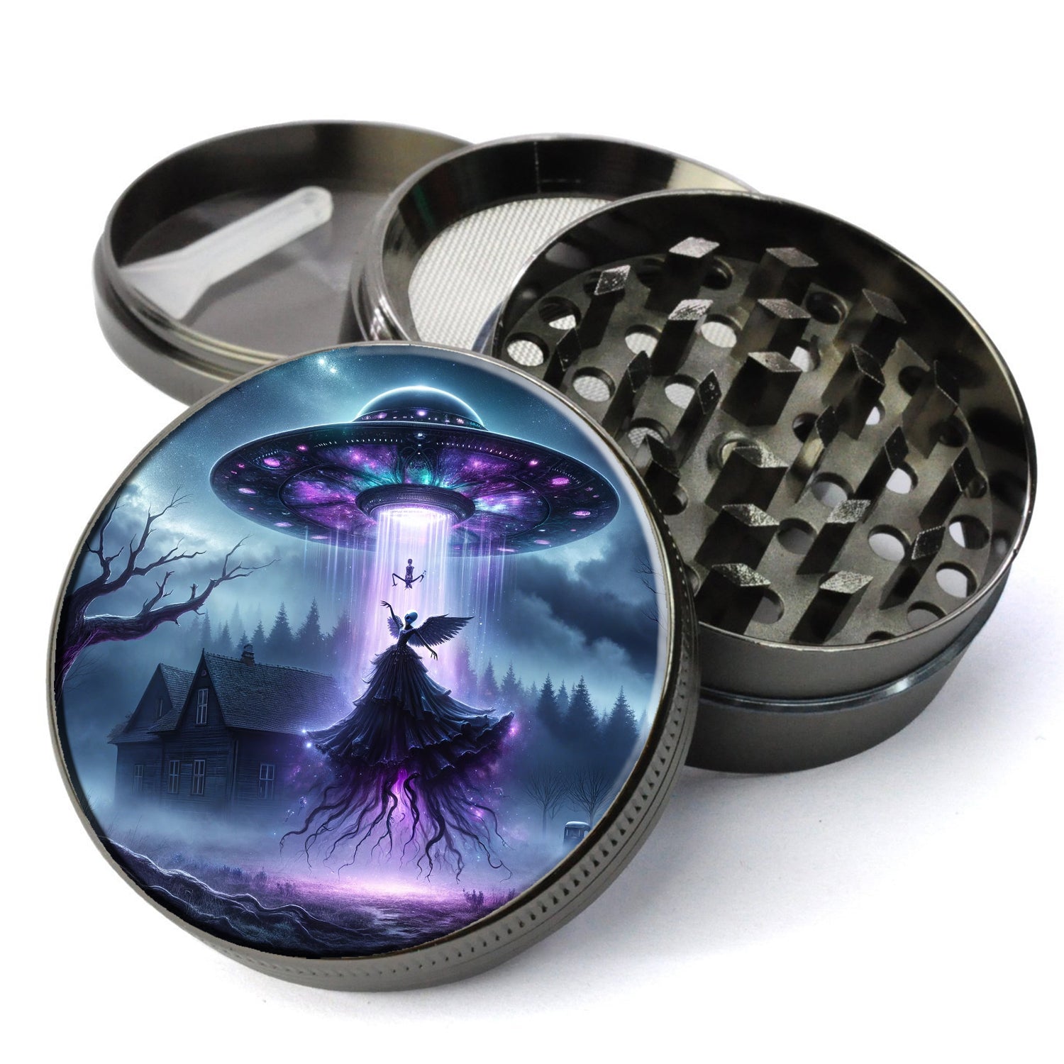 Whimsigoth image of an alien abduction, blending gothic and fantasy elements, Extra Large 5 Piece Herb Grinder, Gift Herb...