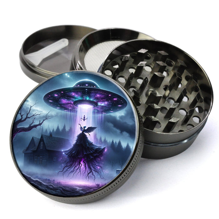 Whimsigoth image of an alien abduction, blending gothic and fantasy elements, Extra Large 5 Piece Herb Grinder, Gift Herb Grinder