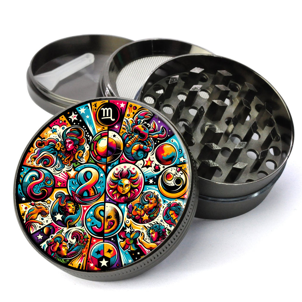 Zodiac Pop-Art, Astrology Symbols, Playful and Artistic, Vibrant Zodiac Modern Art, Extra Large 5 Piece Spice Herb Grinder