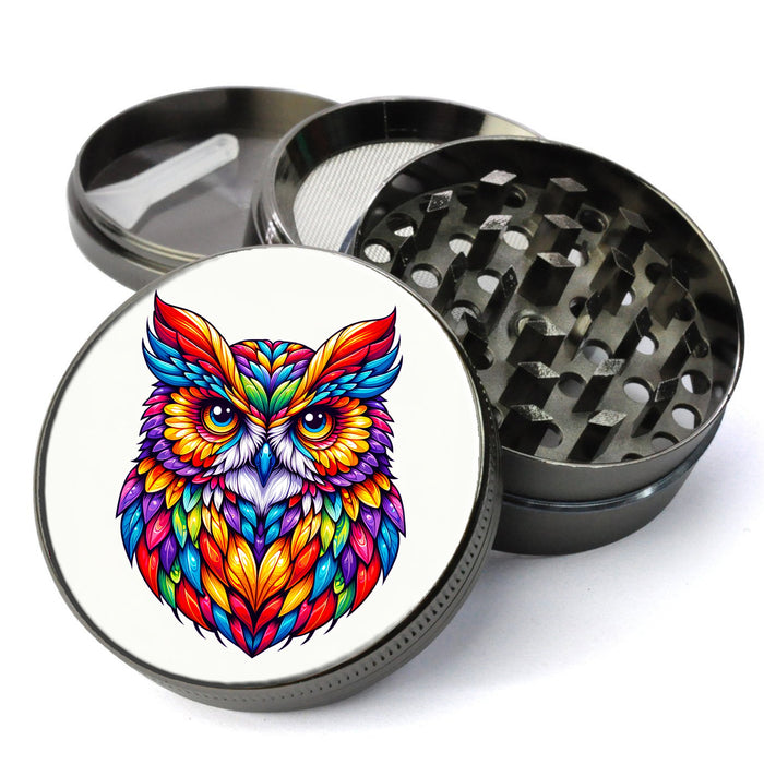 Vibrant Multi-Color Owl, Bright Bold Colors, Expressive Eyes, Extra Large 5 Piece Herb Grinder, Gift Herb Grinder