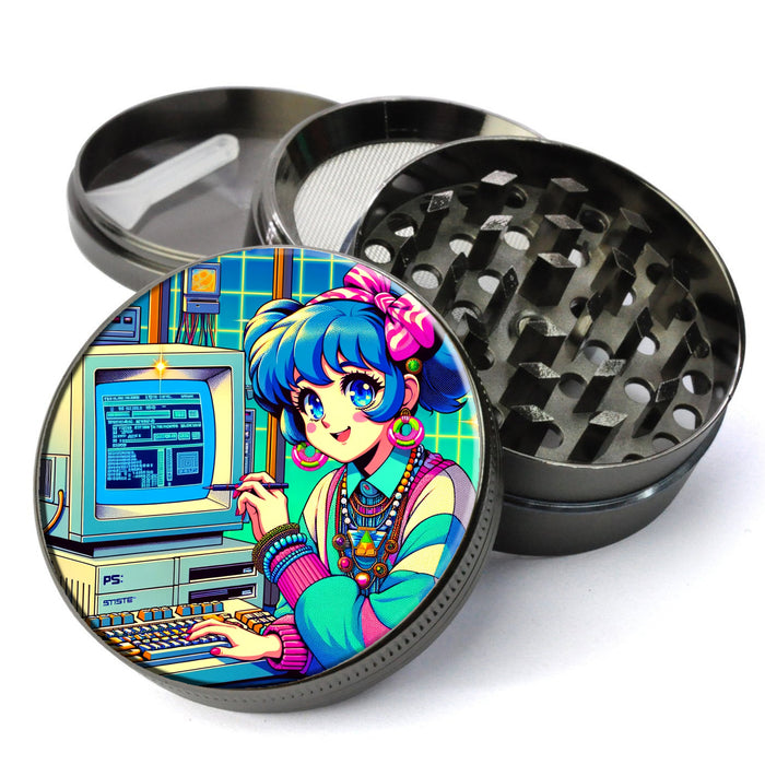 Retro Anime Style PC Girl Grinder, 80's and 90's style, Old School Computer, AOL Chat Extra Large 5 Piece Grinder, Herb Grinder With Catcher