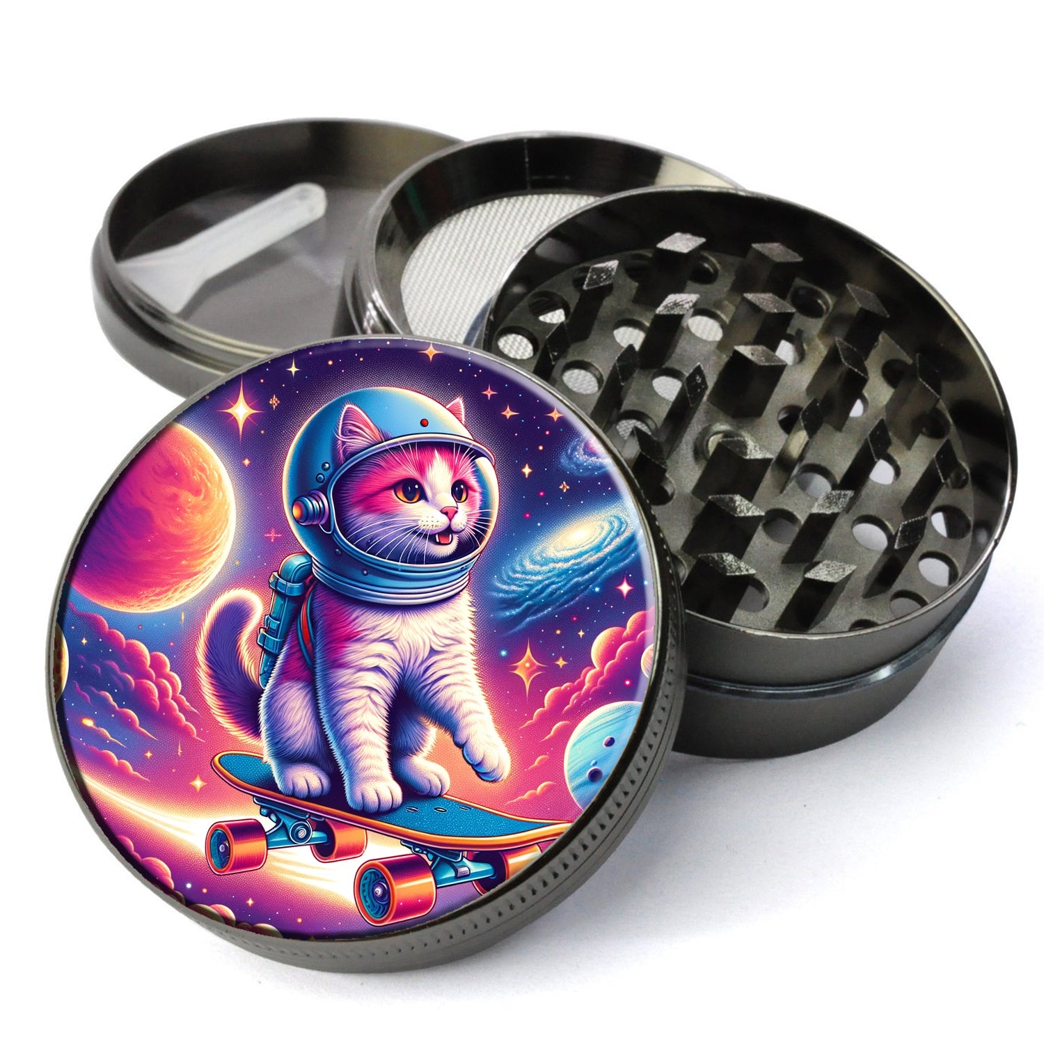 Kitten In Space Grinder, Astronaut Cat Grinder, Cat Riding A Skateboard in Space, Extra Large 5 Piece Grinder, Herb...