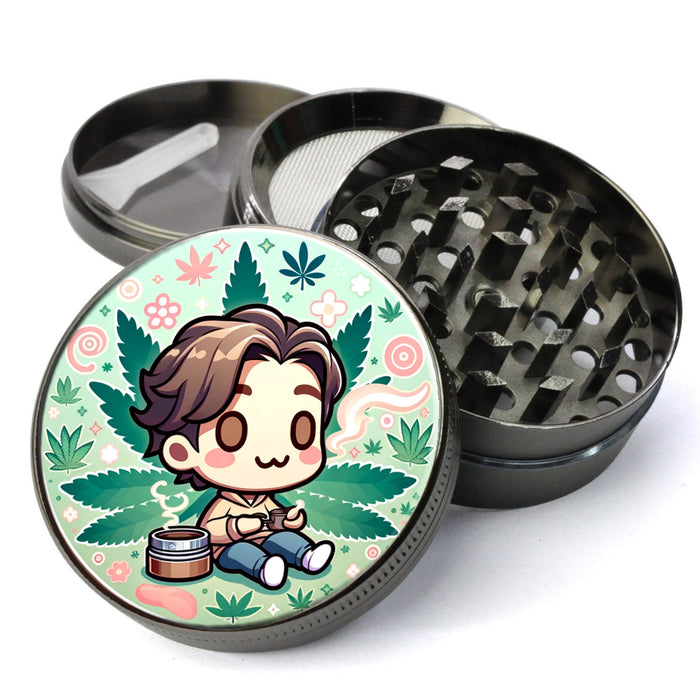 Relaxed Chibi Boy, Relaxing Sipping Coffee Grinder, Extra Large 5 Piece Grinder, Herb Grinder With Catcher