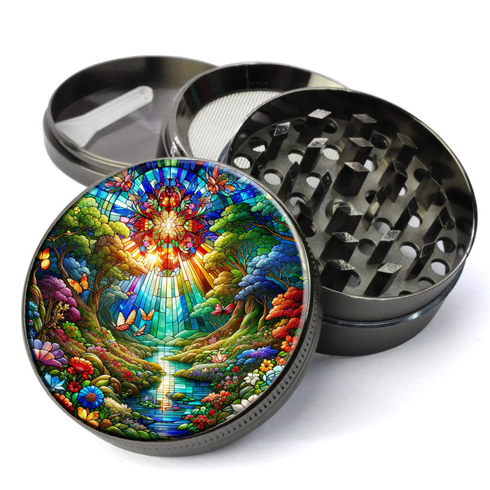 Stained Glass Window Herb Grinder, Vibrant and Intricate, Tranquil Garden Scene, Large Grinder With Catcher, Herb Grinders