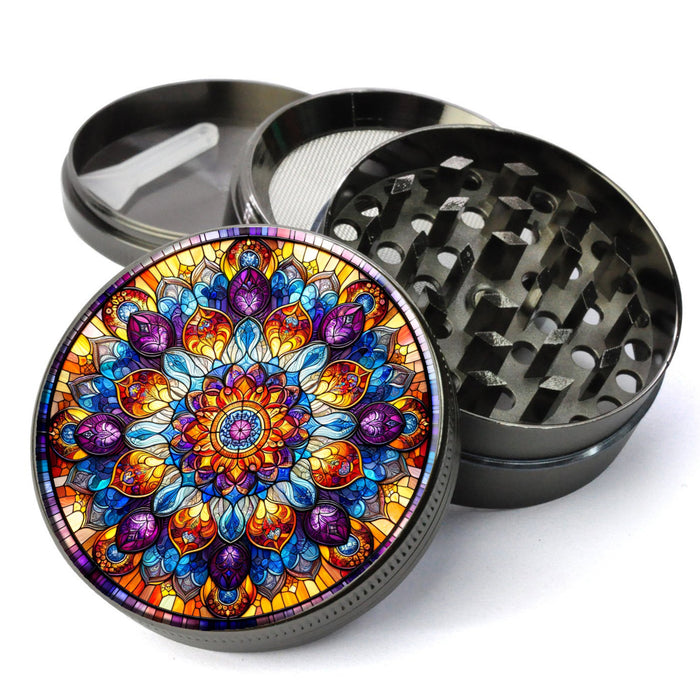 Manadala Stained Glass Herb Grinder, Vibrant and Intricate, Stained Glass Effect, Large Grinder With Catcher, Herb Grinders
