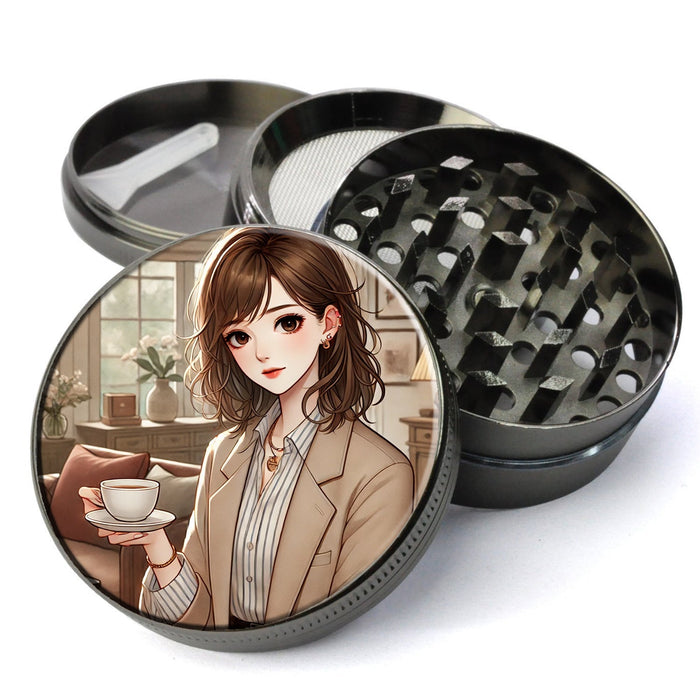 Josei-style anime Herb Grinder, capturing a realistic and introspective mood, Extra Large 5 Piece Spice Tobacco Herb Grinder