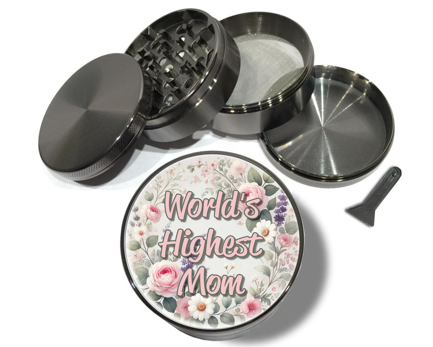 World's Highest Mom Premium Herb Grinder, 2.5 Inch Spice and Herb Crusher, Mother's Day Gift, Gift For Smoker Mom, Tobacco Herb Grinder