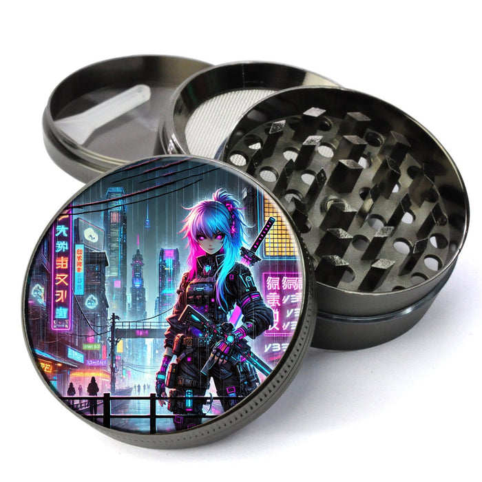 Cyberpunk anime-style Herb Grinder featuring a futuristic, neon-lit cityscape., Extra Large 5 Piece Spice Tobacco Herb Grinder