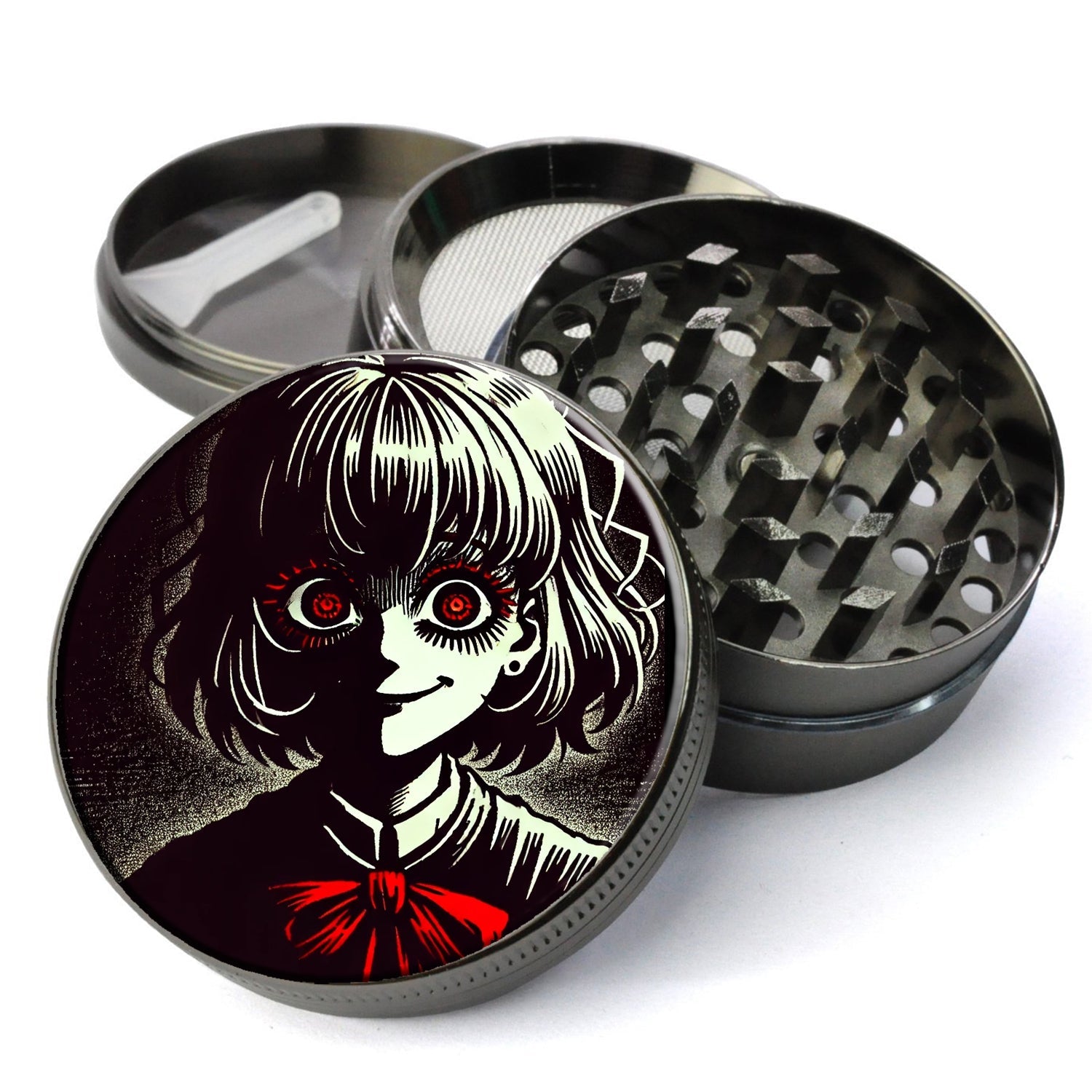 Anime-style horror Herb and Spice Grinder featuring a female character, Extra Large 5 Piece Spice Tobacco Herb Grinder
