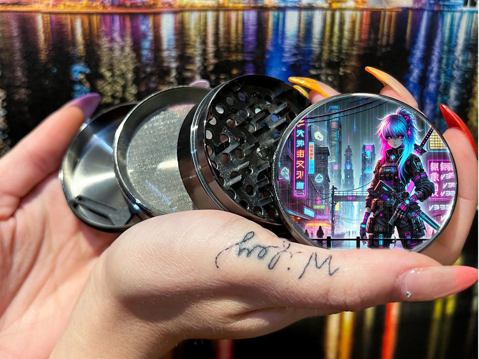 Cyberpunk anime-style Herb Grinder featuring a futuristic, neon-lit cityscape., Extra Large 5 Piece Spice Tobacco Herb Grinder